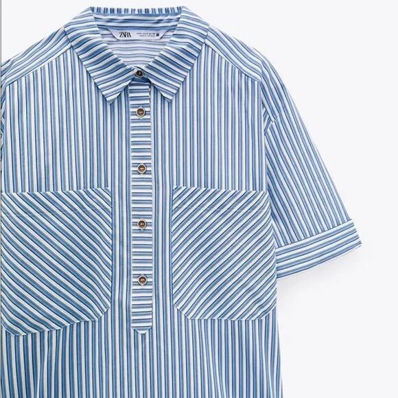 EUC Zara Blue White Striped Mini Shirtdress Size M Ruffle Hem Cotton Poplin - Picture 3 of 16